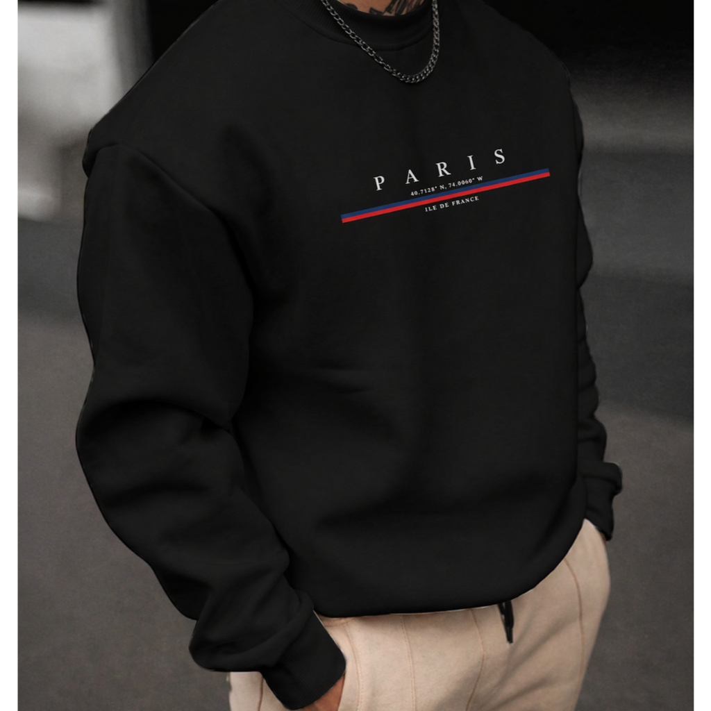 Moletom Careca Masculino Preto Paris Estampado Minimalista Casual Confortável