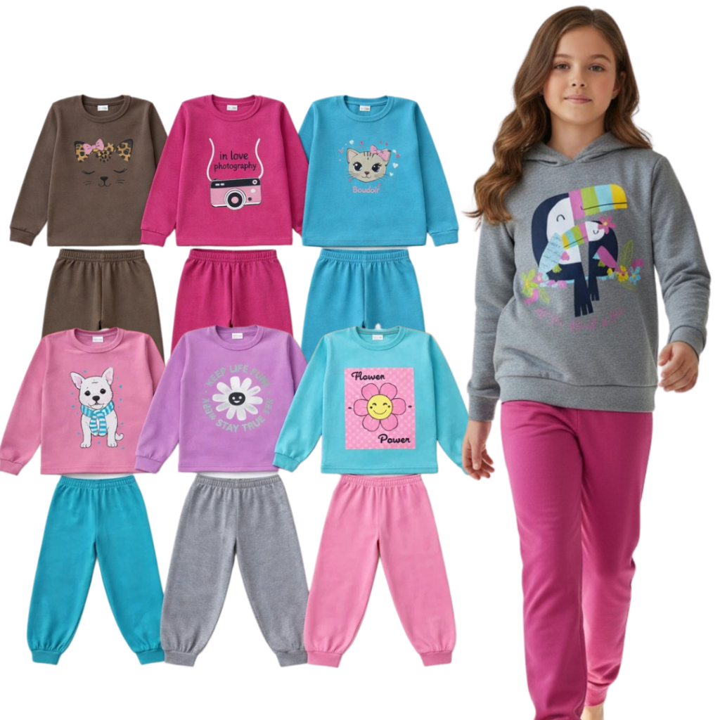 Conjunto Moletom Feminino Juvenil | Moletom Inverno Menina | Roupa Quentinha Tamanho 1 ao 14 anos