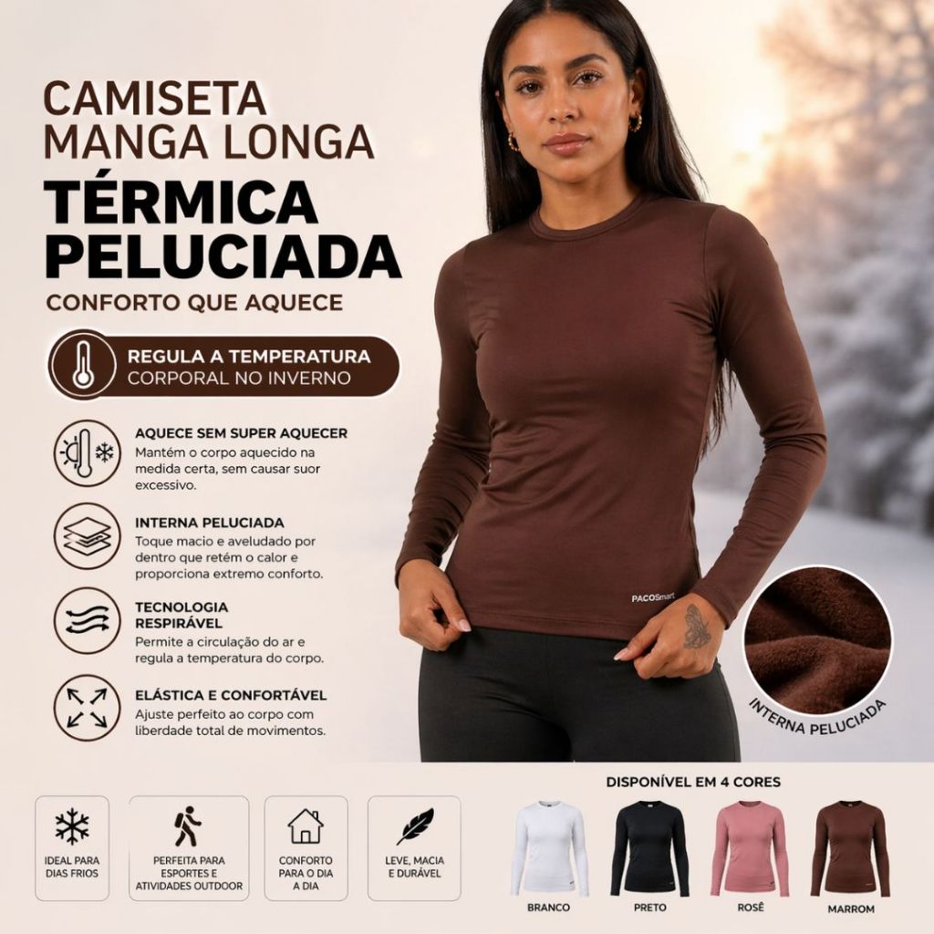 Camiseta Manga Longa Feminina Térmica Peluciada Frio Cardigã Regula Temperatura Corporal no Inverno