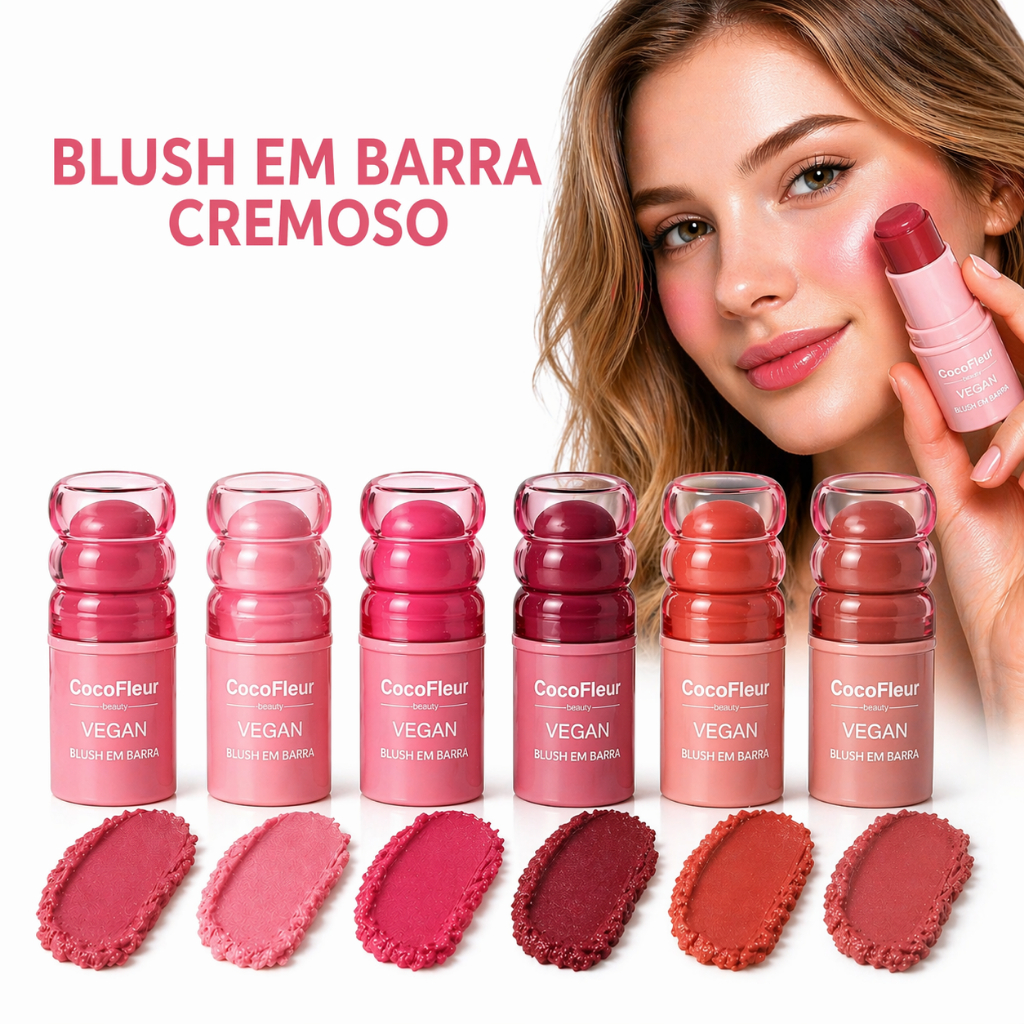CocoFleur Blush em Bastão Cremoso Vegano 6 Cores Alta Pigmentação Longa Duração Acabamento Natural Maquiagem Facial