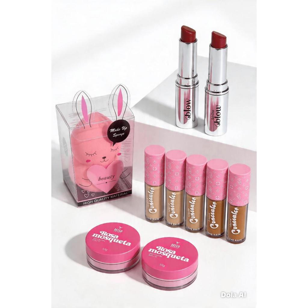 Kit Maquiagem Completo: Pó Rosa Mosqueta Batom Ruby Rose, Corretivo e Esponja.