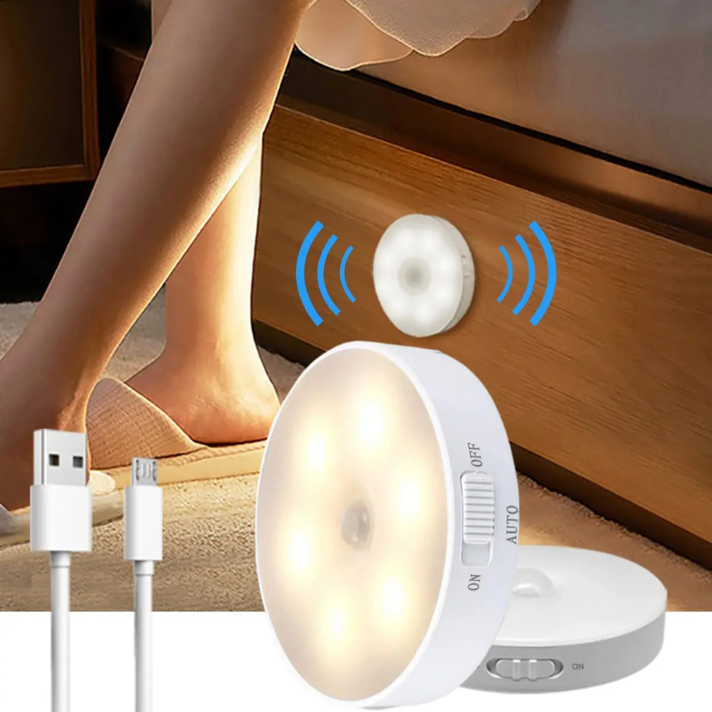 Luminária de Noite USB Recarregável com Sensor de Movimento – Lâmpada LED Luz Quente