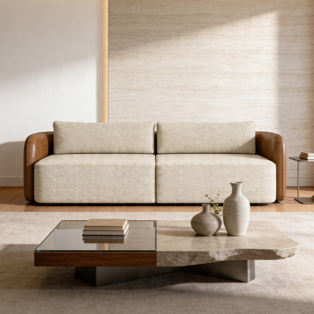 Sofá 3 Lugares Sala Living Orgânico 220cm Oregon K01 Couríssimo Whisky Linho Champanhe - Lyam Decor