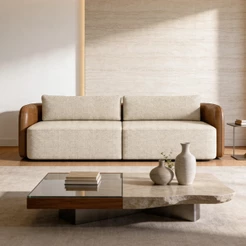 Sofá 3 Lugares Sala Living Orgânico 220cm Oregon K01 Couríssimo Whisky Linho Champanhe - Lyam Decor