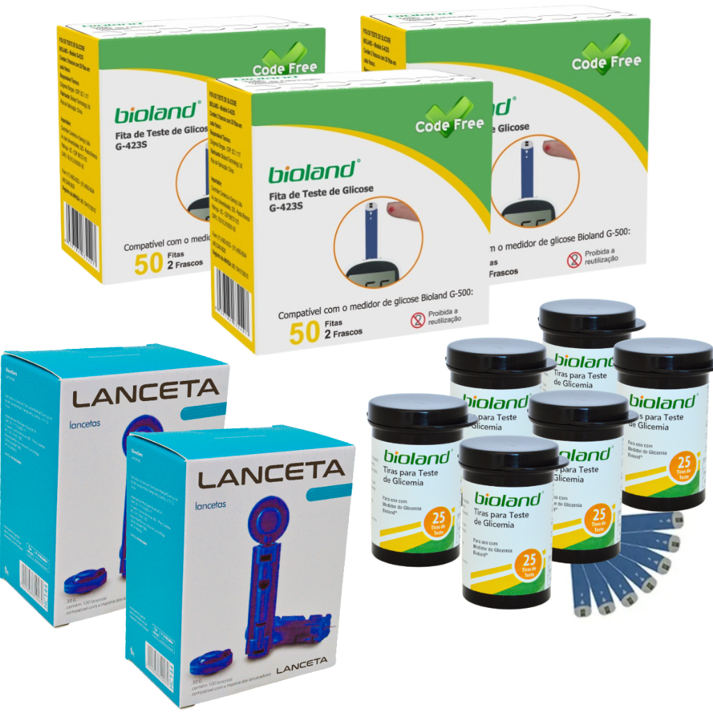 Tiras 150 Fitas Glicemia Bioland Teste Glicose 200 Lancetas