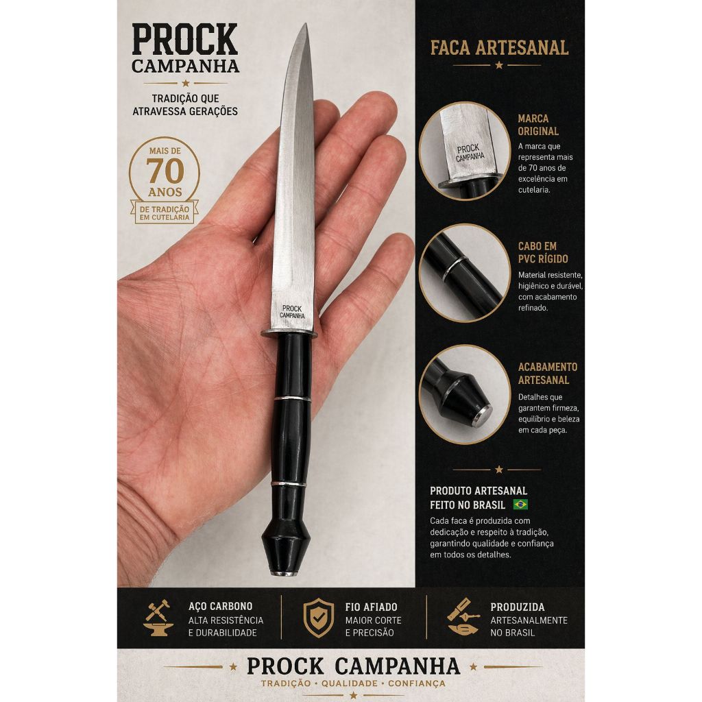 Faca Artesanal Estilo Aço Carbono 23cm – Com Bainha | Cabo Preto | Prock Campanha