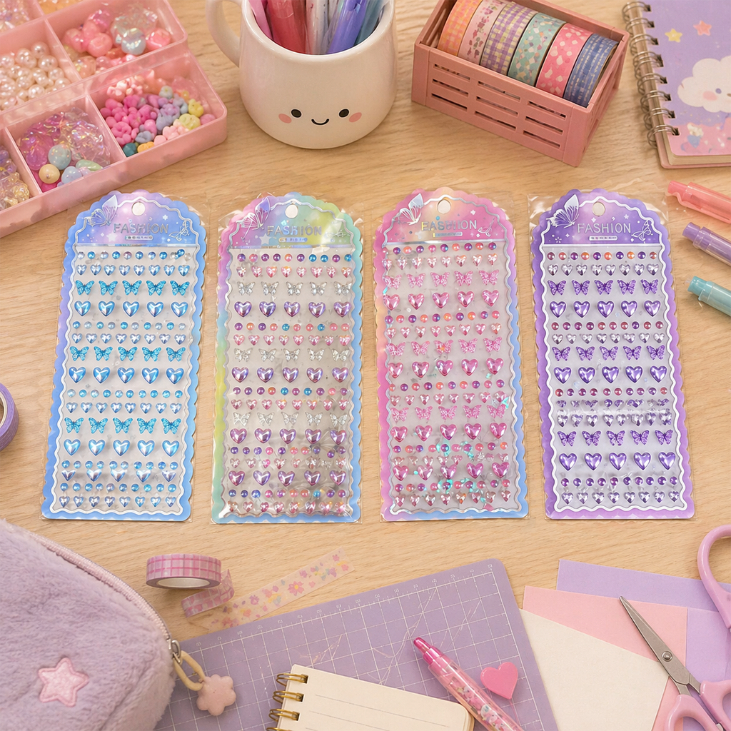 Cartela De Adesivos Strass Coração E Borboleta – Pedrarias Decorativas Para Unhas, Scrapbook E Artesanato