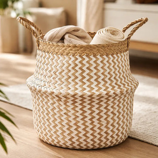 Cesto Decorativo Organizador Dobrável Multiuso Em Fibra Natural Seagrass Com Alças 33cm