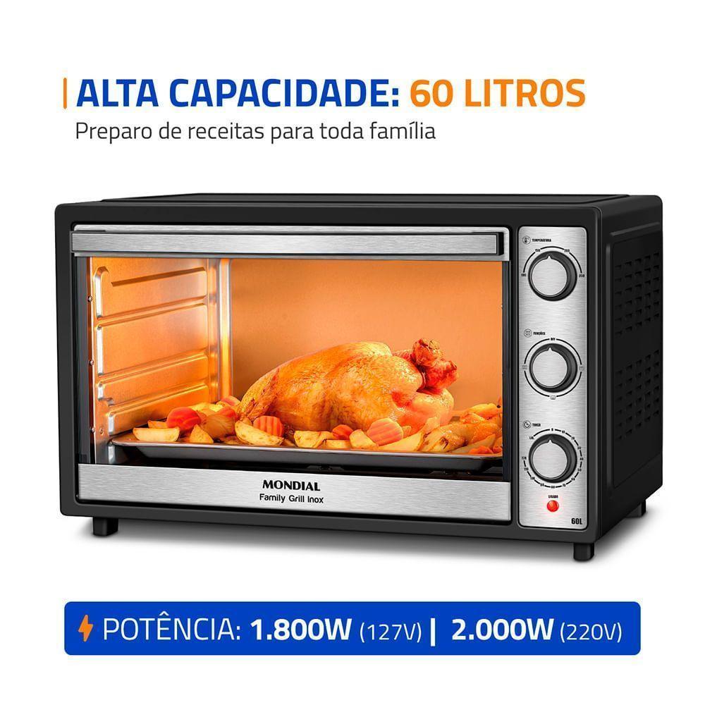 Forno Elétrico de Bancada Mondial 60 Litros FRN-60-BI Family Grill, 1800W, Preto/Inox — imagem 2 de 2
