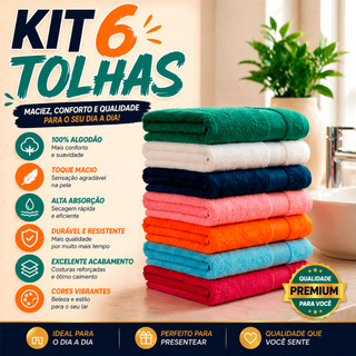 Kit 6 Toalhas de Banho Elleganza Banhão 65x120cm Macia Resistente 100% Algodão Alta Absorção