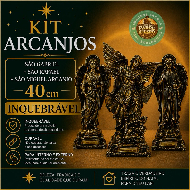 kit os três Arcanjos São Gabriel,São Miguel Arcanjo e São Rafael 40cm Ouro velho inquebrável borracha