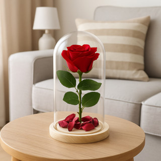 Kit 25 Rosas Encantada na Cúpula com Luz LED – Base Madeira/Preta – Decoração Presente Romântico
