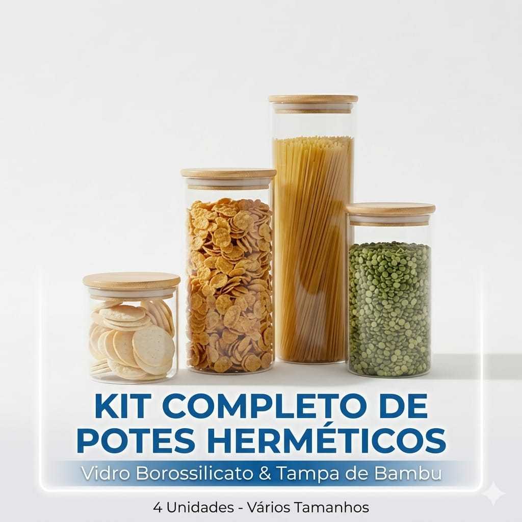 Kit 4 Potes Herméticos Vidro E Bambu Porta Mantimentos Redondo Empilhável Organização Cozinha Lavável Kit Cozinha Promoç
