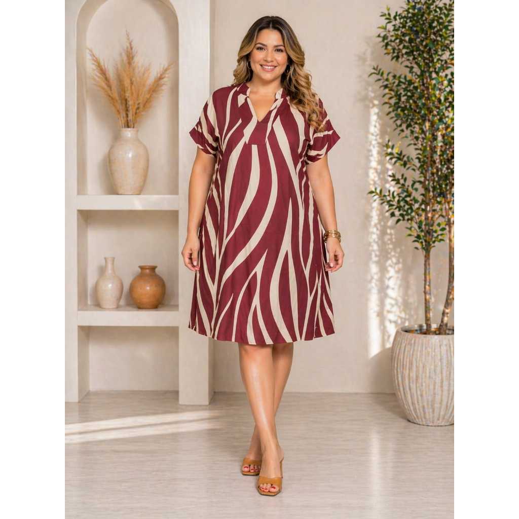 Vestido Feminino Plus Size Estampado Leve Soltinho Manga Curta - Tecidoo Viscolinho Elegante