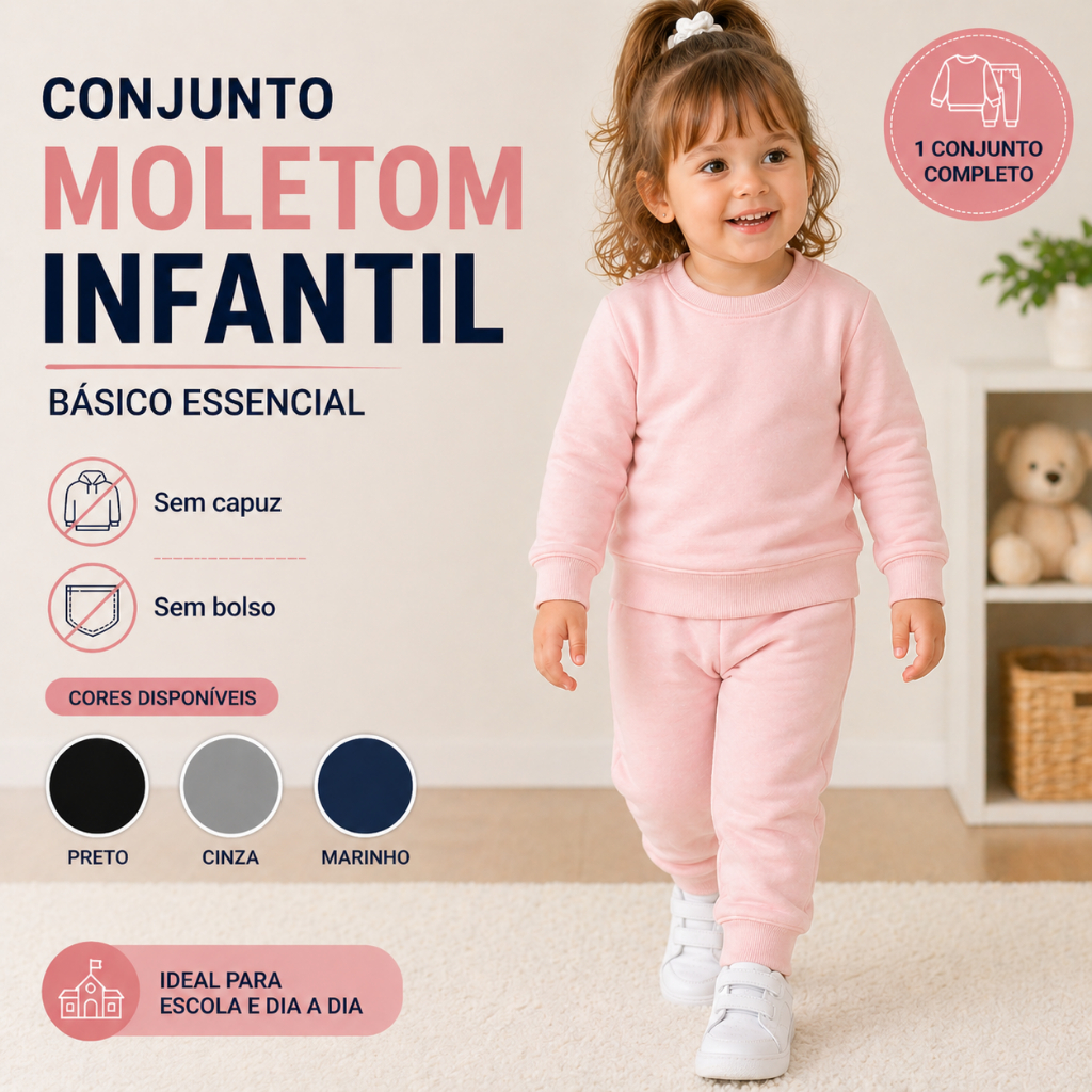 Conjunto Moletom Infantil Confortável Liso Básico 2 a 8 Anos Sem Capuz Sem Bolso Quentinho Inverno