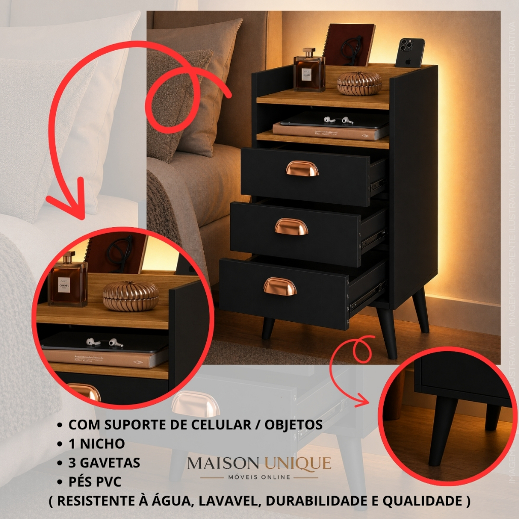 Mesa de Cabeceira Gaveteiro Lateral 3 Gavetas Retrô Com Porta Celular e Puxador Heloisa LANÇAMENTO