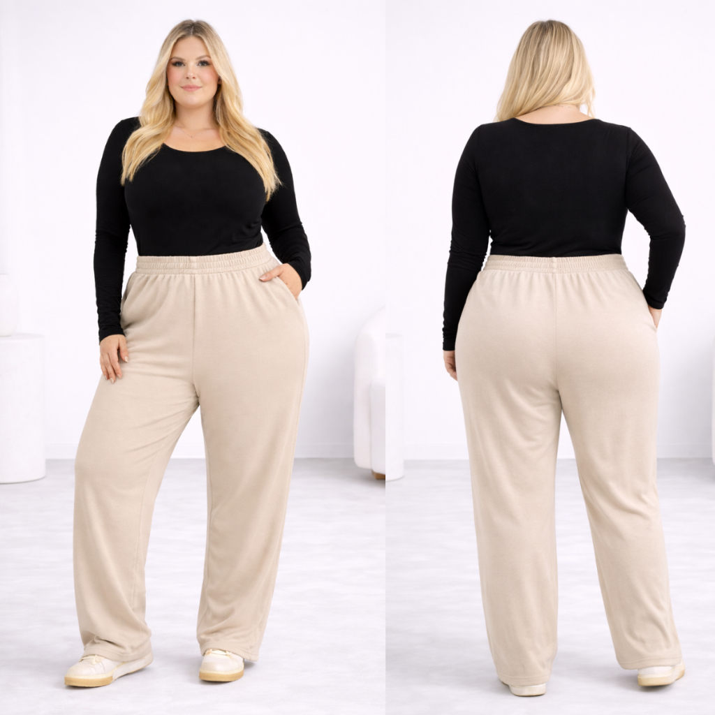 Calça Plus Size Feminina Pantalona Moletinho Cintura Alta Confortável Com Bolso Look Blogueira