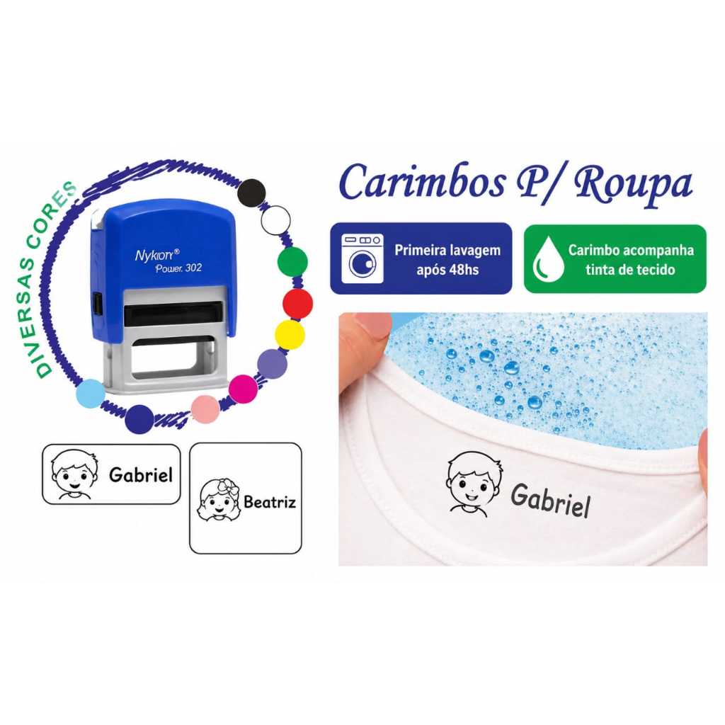 Carimbos automático para roupa com tinta de tecido preta.