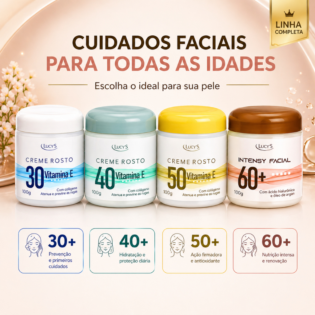 Creme Rosto Anti Idade 30+ 40+ 50+ 60+ Vitamina E Colágeno Hidratante Facial Lucy’s Escolha o Seu