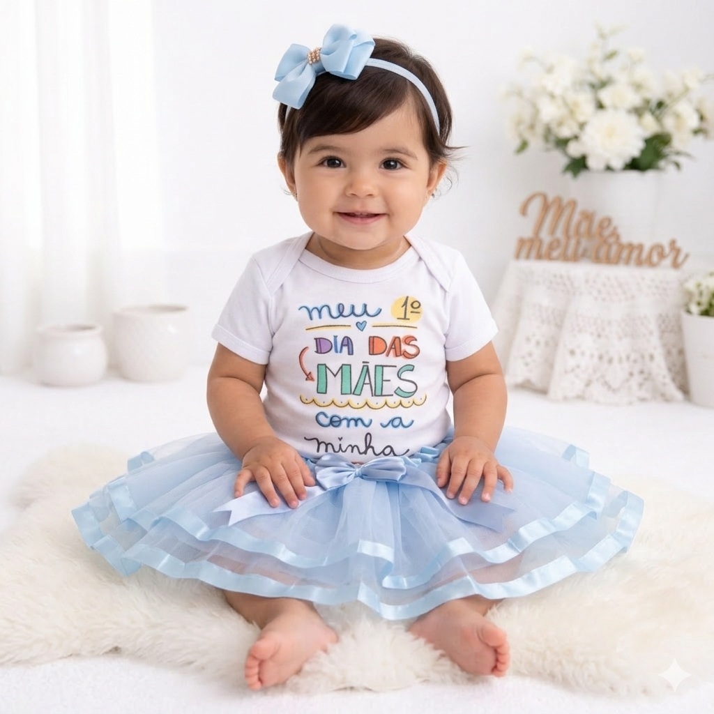Body Bebê Dia das Mães + Saia Tutu Luxo Azul Roupa Infantil Feminina Temático