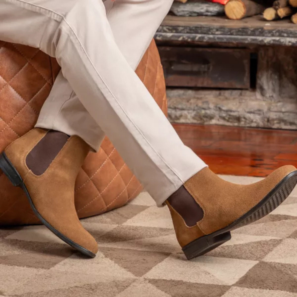 Botina Chelsea de Couro Cano Baixo Estilo Country Chique Homem Moderno Moda Outono Inverno Elegante