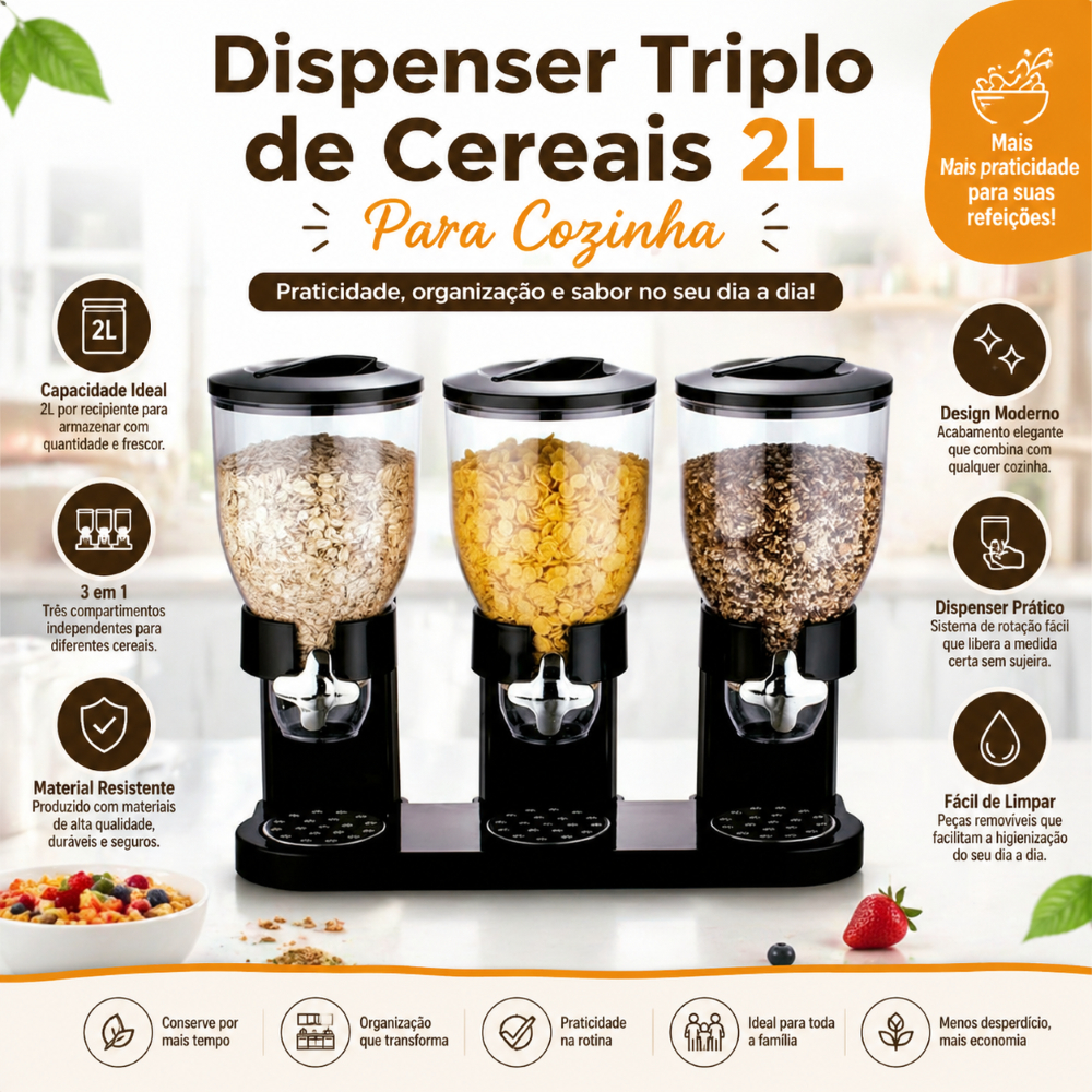 Dispenser Triplo Cereais 2L Dosador Giratório Porta Grãos Organizador Cozinha