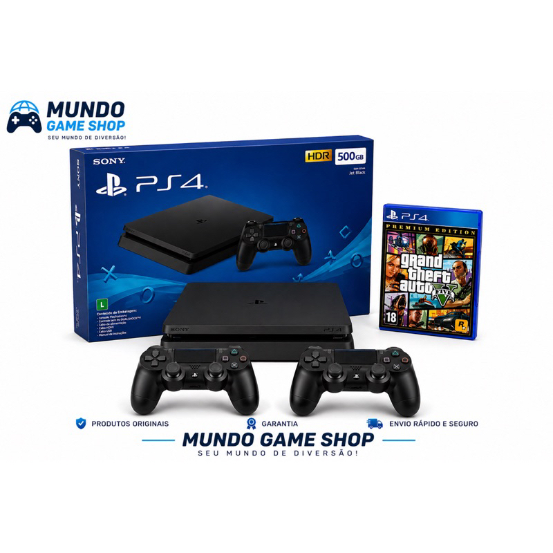 PlayStation 4 Slim + 2 Controles + 1 Jogo Aleatório