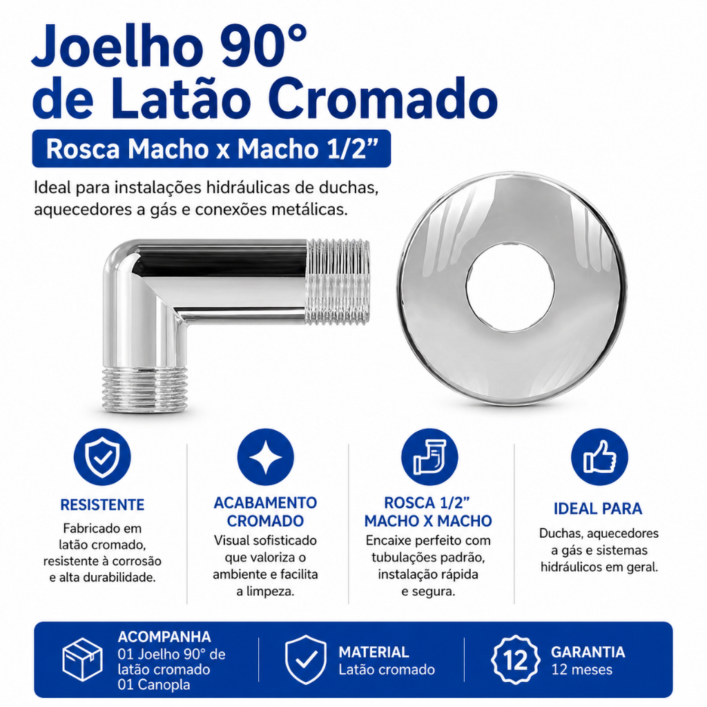 Joelho 90° De Latão Metal Cromado Rosca Macho X Macho 1/2 - Censi