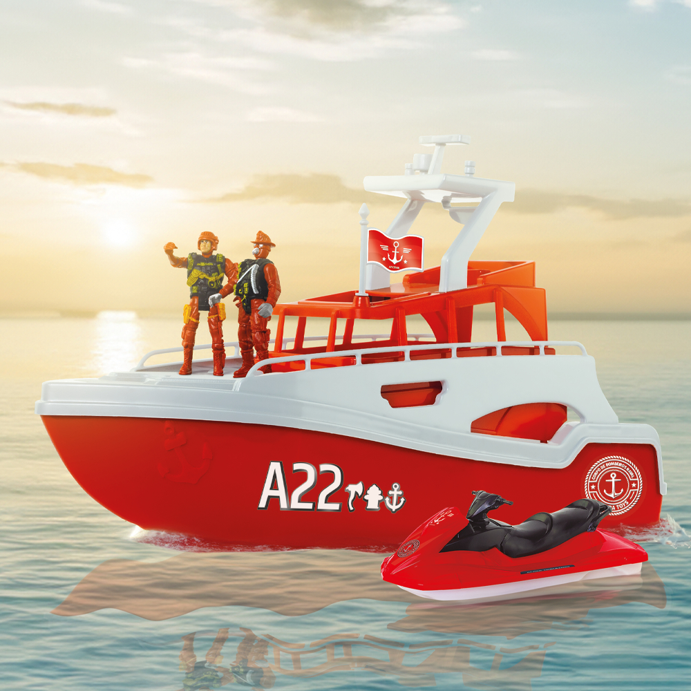 Barco Bombeiro Infantil Comando Aqua Com Bonecos e Moto Aquática Jetski Navio de Resgate Brinquedo +3 Anos