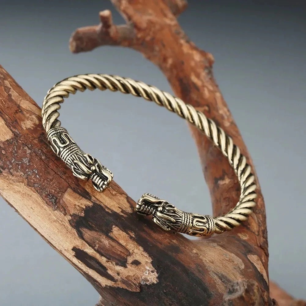 Bracelete Vikings cabeça de dragão aço torcido vintage