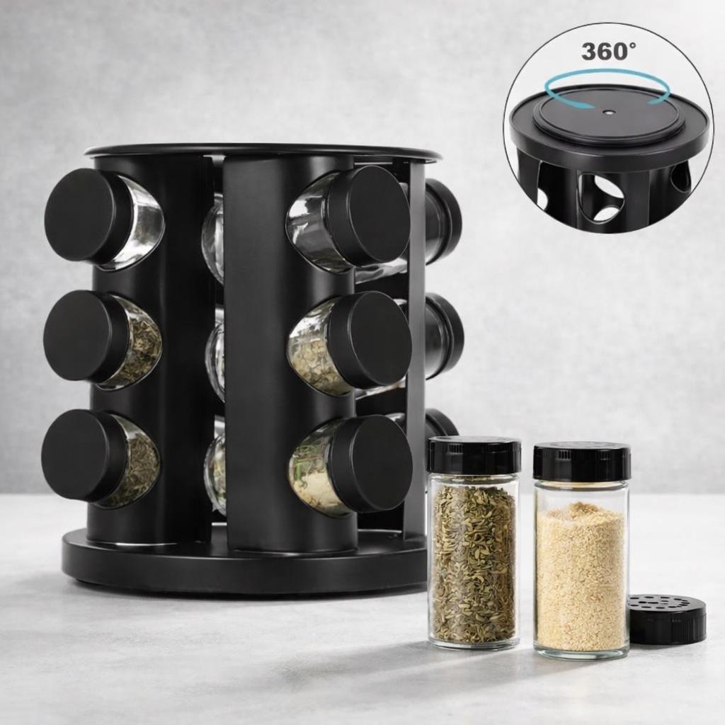 Porta Tempero Giratorio Preto Com 6/9 Potes Vidro Reforçado Premium