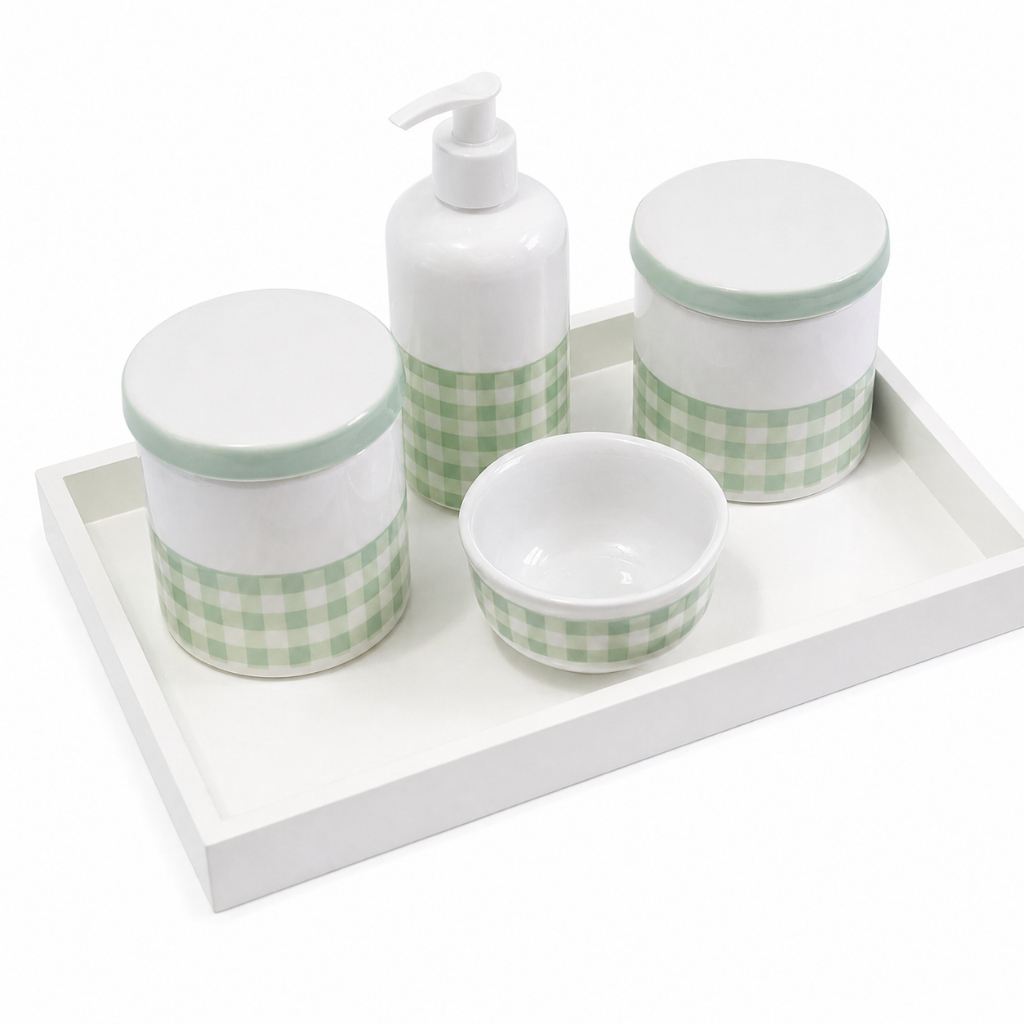 Detalhes do Kit Bebe Porcelana Higiene  Maternidade Xadrez Verde Delicado