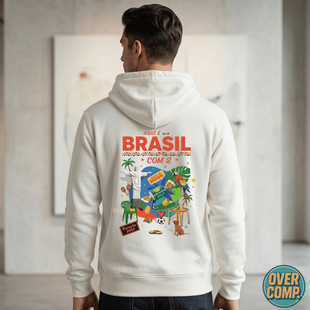 Blusa Moletom Masculina Aqui é Brasil Estampa Costas Cristo Redentor e Vira-lata Caramelo Premium