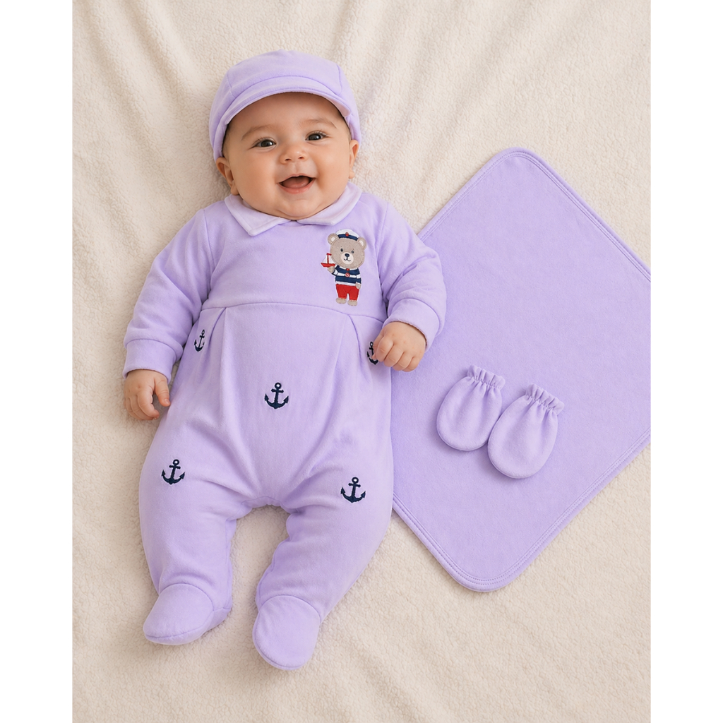 Saida Maternidade de Menino Marinheiro Branco e Azul Marinho 4 peças Roupa de bebê
