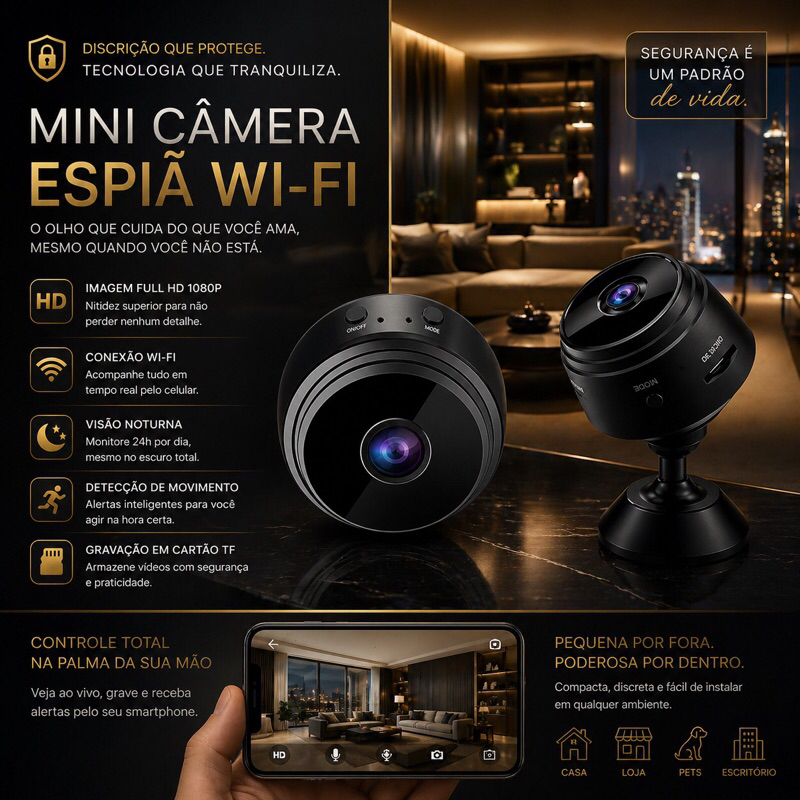 Mini Câmera Espiã Wi-Fi A9 Full HD 1080p com Visão Noturna, Detecção de Movimento e Rotação 360°
