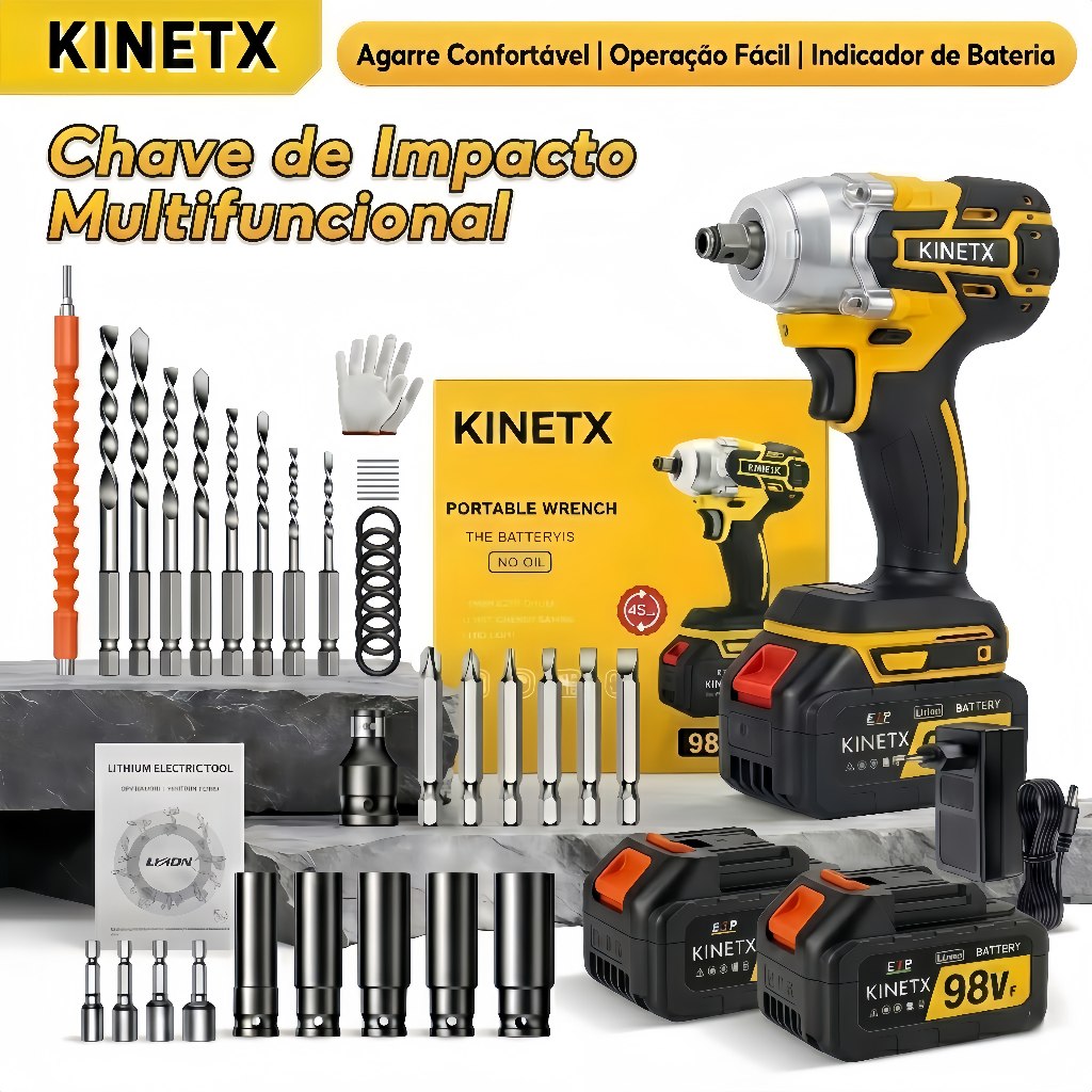 880Nm 98Vf Combo 45 PCS Chave de Impacto KINETX Brushless 2 Baterias 10 Células Parafusadeira Furadeira Bivolt