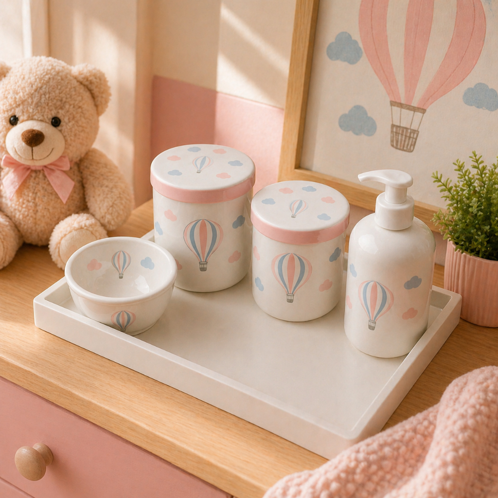 Kit Higiene Bebê  Porcelana Rosa Azul Balão Completo Delicado Menina Menino Infantil Porcelana