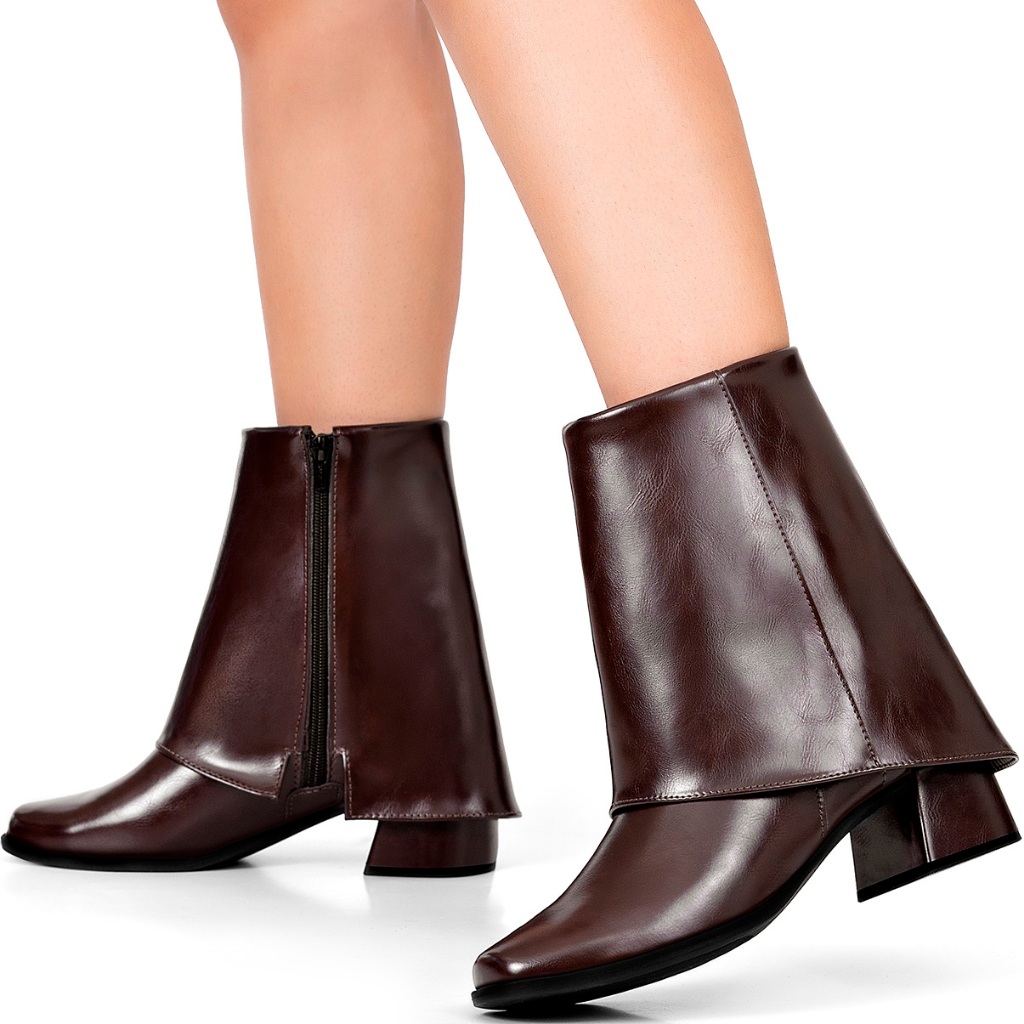 Bota Feminina Capa Lumiss Cano Curto Salto Bloco Baixo Bico Quadrado