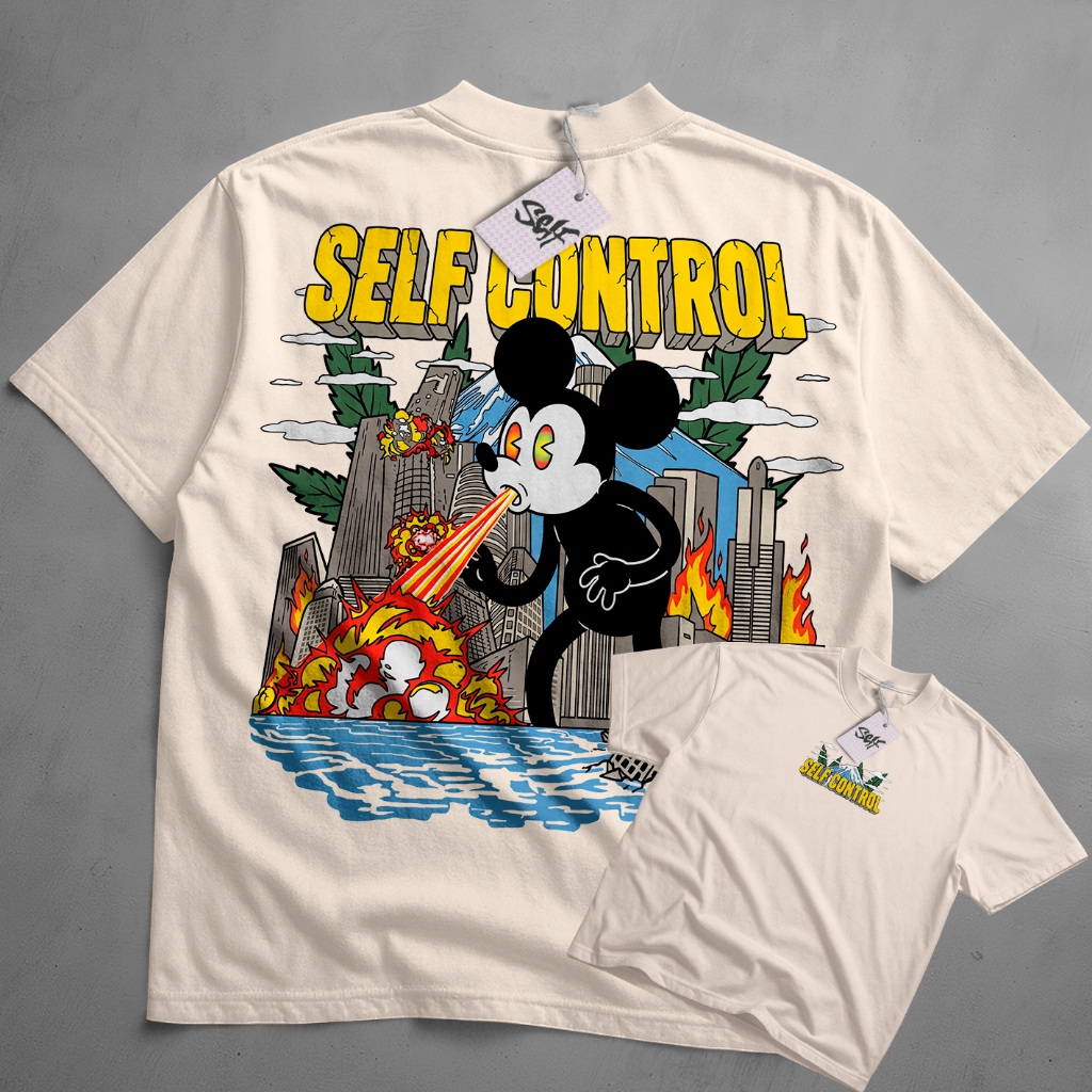 Camiseta Oversized Self Control Estampa Cartoon Destroy City Streetwear Swag Retro Style