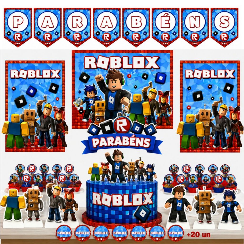 Kit Festa Roblox Aniversário Infantil – Completo – Topo de Bolo + Display + Tag + Adesivos + Poster + Bandeirola