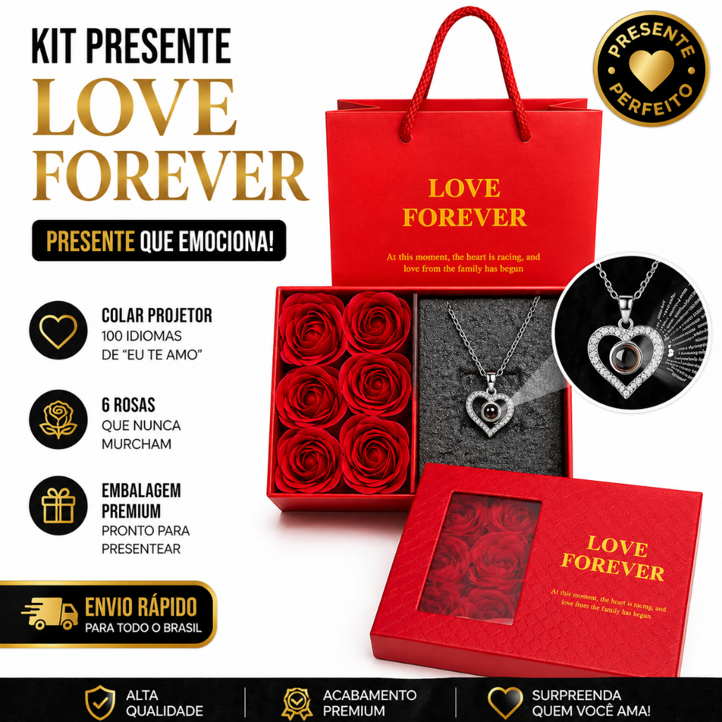 Kit Rosas + Colar Eu Te Amo 100 Idiomas Presente Dia das Mães Namorada Luxo