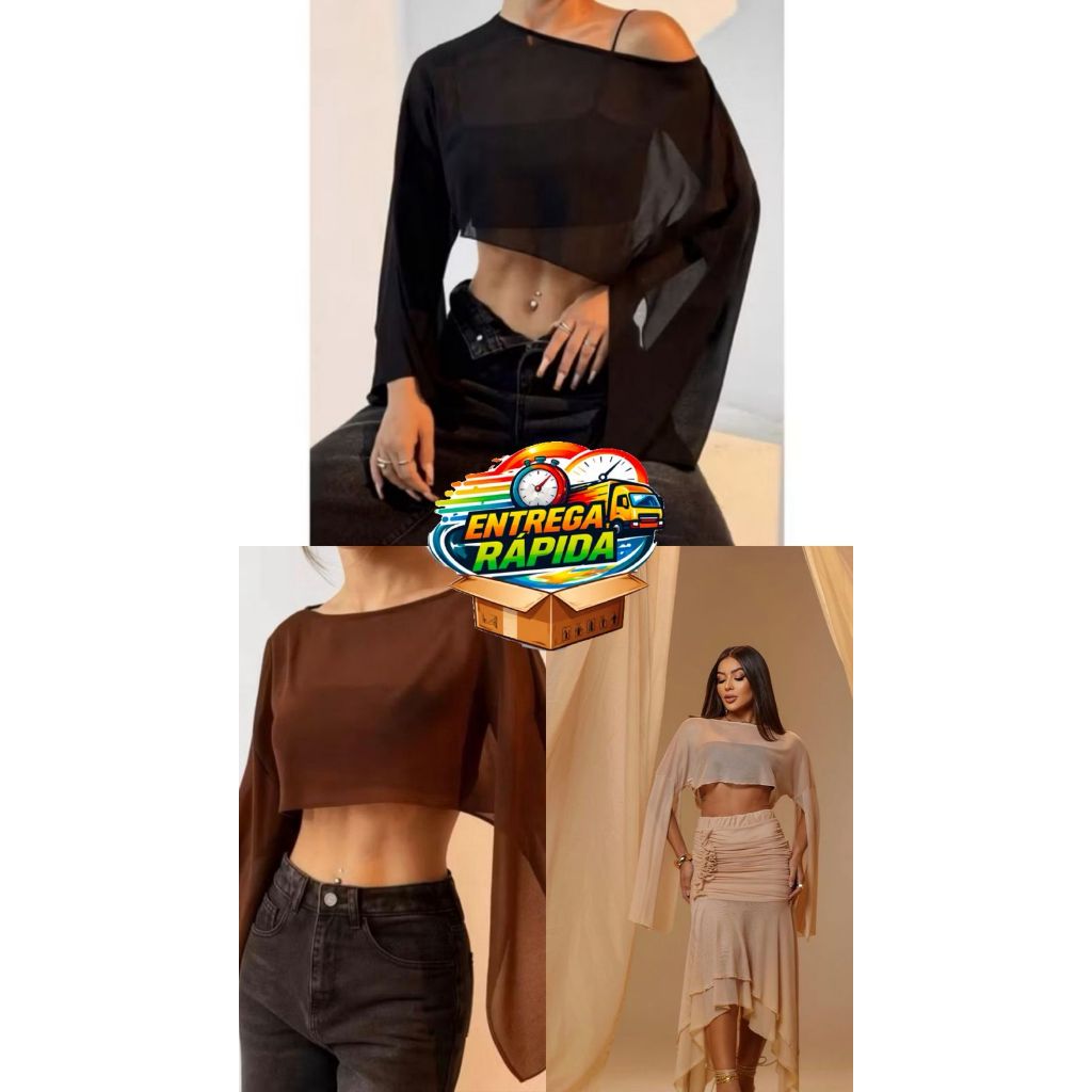 CROPPED TULE TRASPARENTE,MANGA FLARE MANGA LONGA ABERTA NOITE BALADA FESTA CROPPED BATA MODA SEXY, TOP TRASPARENTE