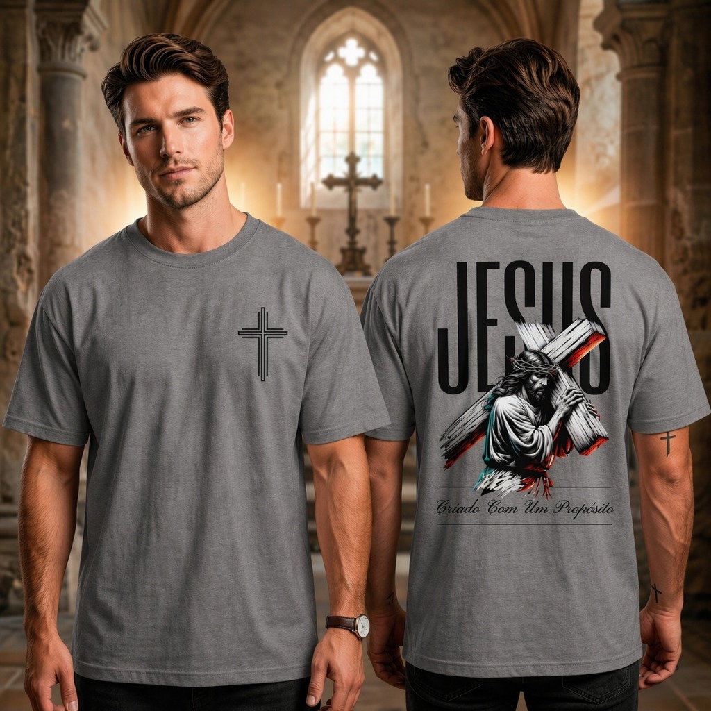 Camiseta Masculina streetwear com Estampa Modelo: "Jesus Carregando a Cruz" - lançamento inédito 2026
