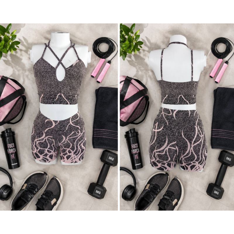 Conjunto Fitness Feminino Cropped e Shorts Tamanho M Poliamida com Elastano Estampado Academia Praia Moda Verão