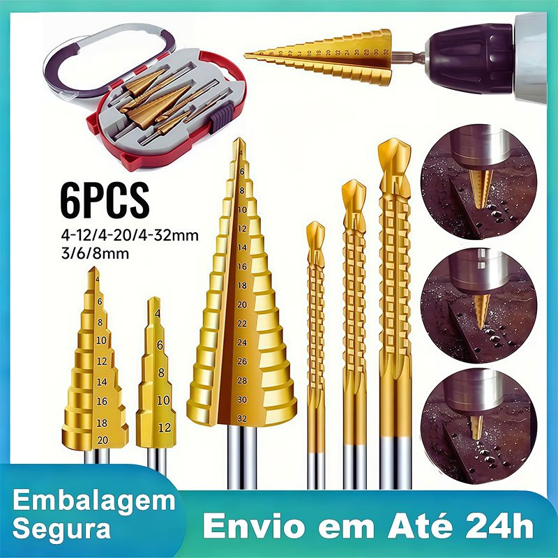 Kit 6 Brocas Titanio Escalonadas Amarelas Aço Corte Lateral Com Estojo Organizador