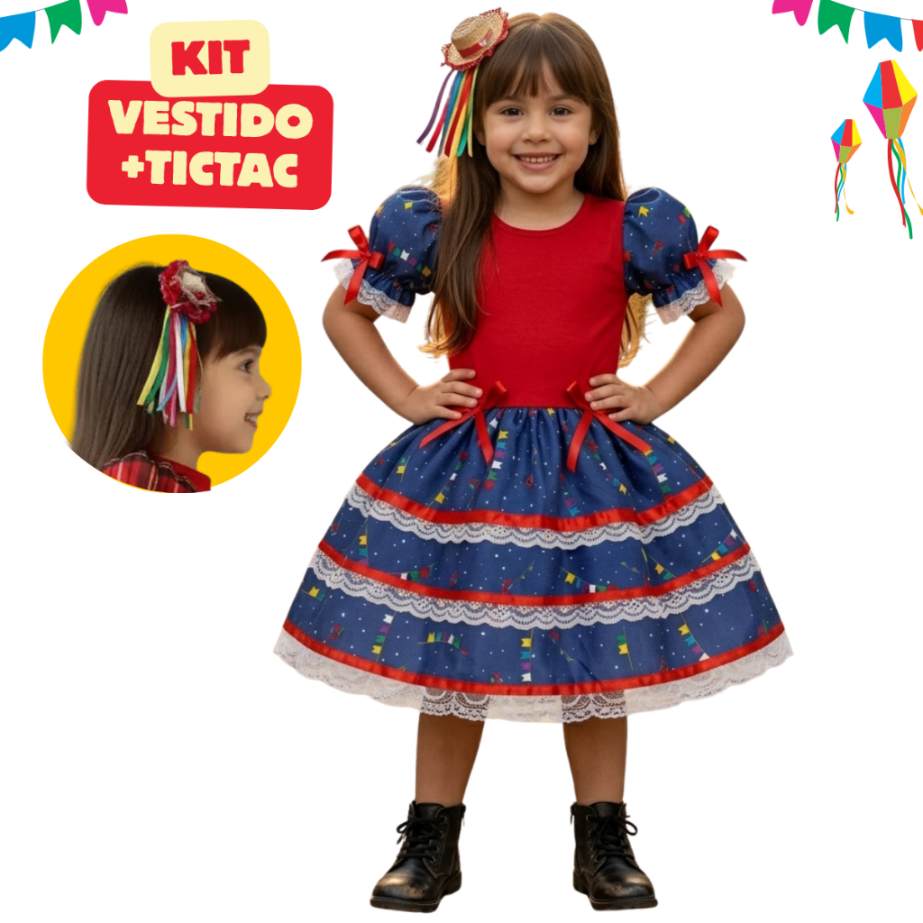 Kit Vestido Menina Infantil Festa Junina Arraial + TicTac Quadrilha Roupa Xadrez Festa São João