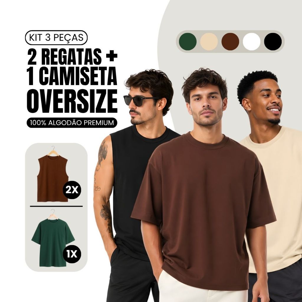 Kit Camiseta e Regata Masculina Oversized Academia Colete Masculino Longline Lisa Verão Carnaval