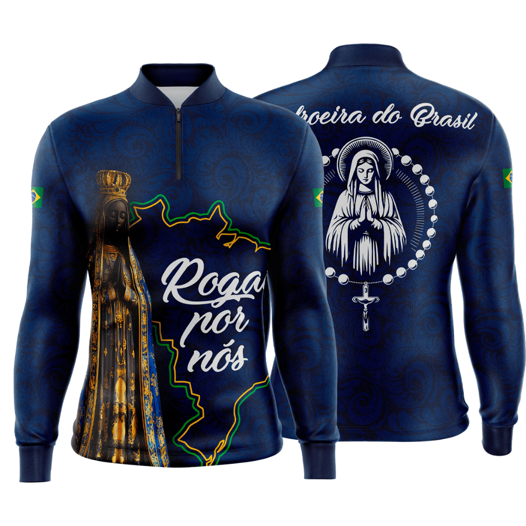 Camiseta Camisa Blusa Agro Pesca Nossa Senhora Aparecida Padroeira do Brasil Proteção Solar UV50+ Dry-Fit Azul Marinho