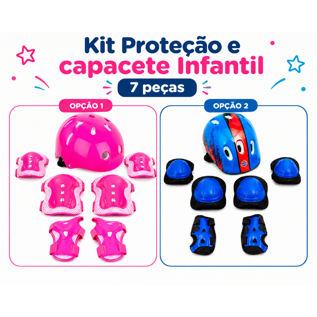 Kit Protecao Infantil Completo Capacete Rodas Patins Skate Rosa ou Azul Vermelho Crianças Diversão