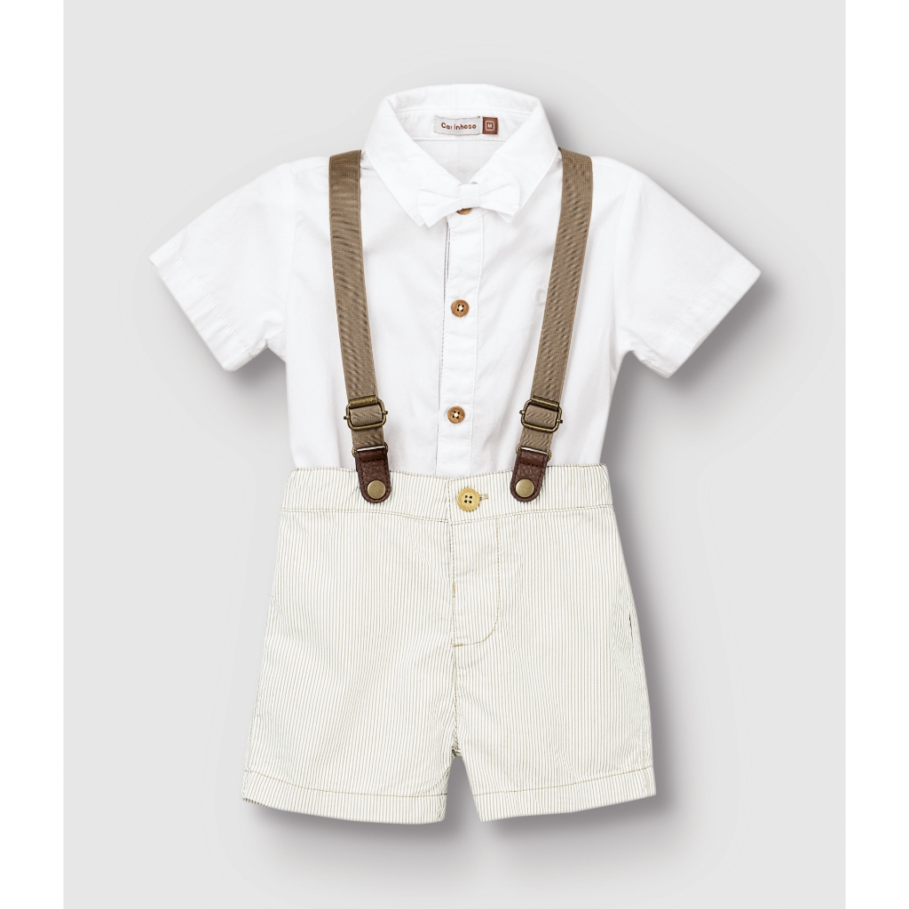 Roupa Bebê Menino Social Suspensório Carinhoso Body Com Gravata + Bermuda e Suspensório
